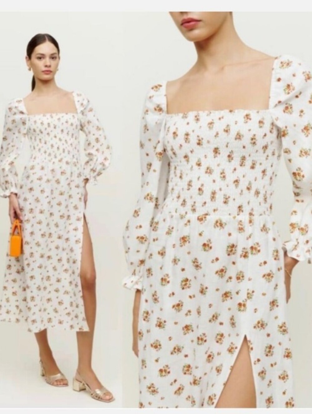 Reformation White Floral Smocked Midi Dress with Puff Sleeves